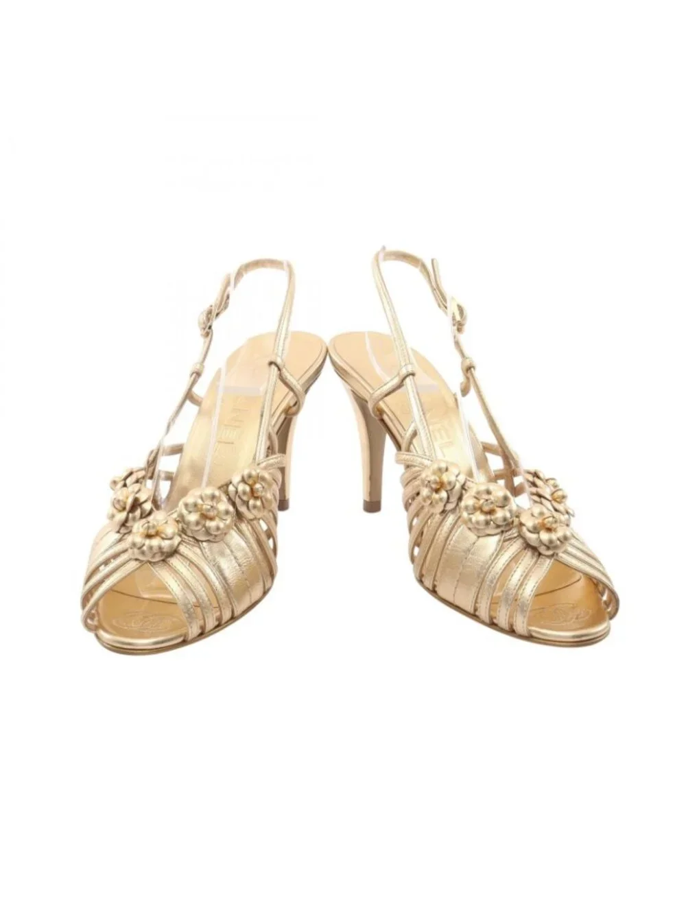 Chanel Sandals Camellia Leather Mules Gold
